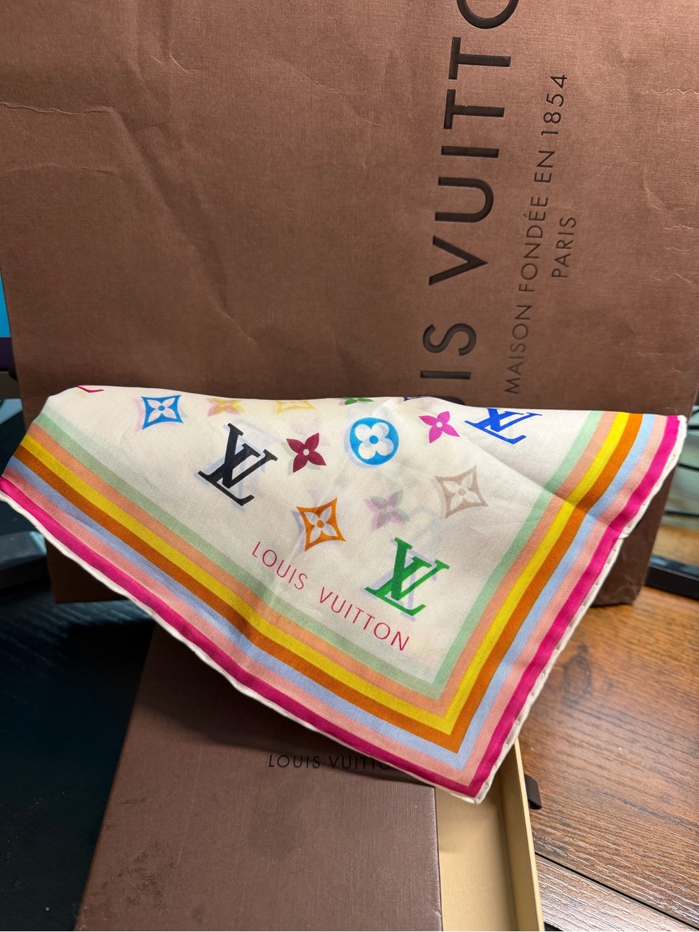 Louis Vuitton White Silk Scarf with Multicolor Monogram W/Box - Picture 6 of 7